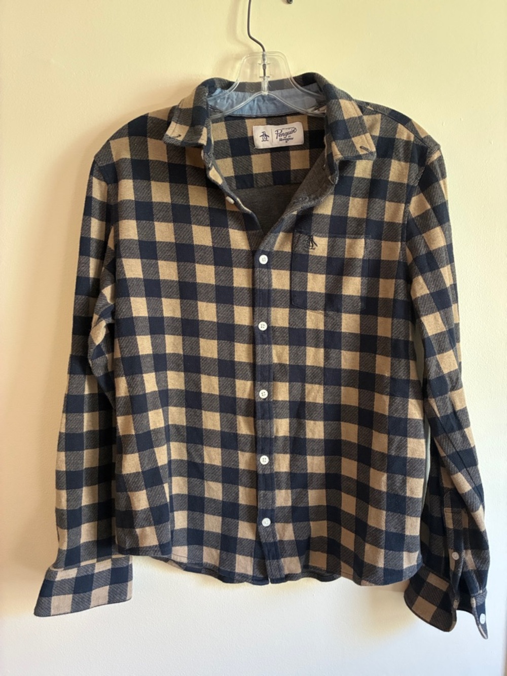 Original Penguin Navy and Tan Plaid Button-Down Shirt